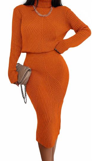 Turuncu Renkli Örgü Desenli Triko Elbise Takım