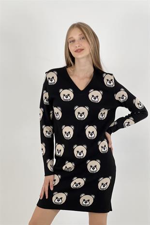 V Yaka Ayıcık Desenli Kadın Triko Elbise Siyah