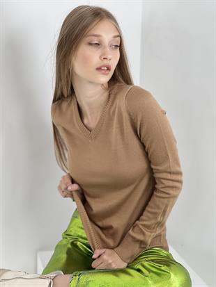 V Yaka Basic Kadın Camel Triko Kazak