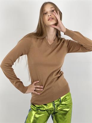 V Yaka Basic Kadın Camel Triko Kazak