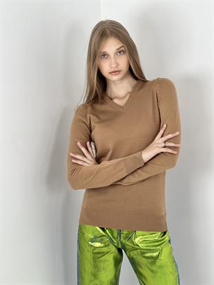 V Yaka Basic Kadın Camel Triko Kazak