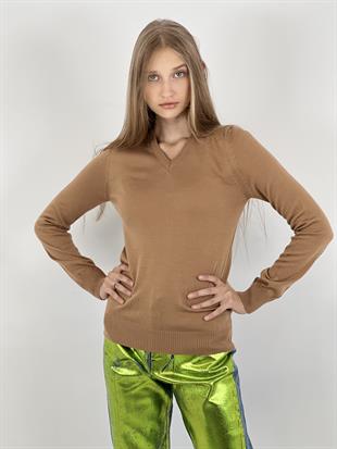V Yaka Basic Kadın Camel Triko Kazak