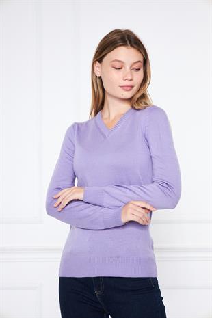 V Yaka Basic Kadın Lila Triko Kazak