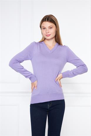 V Yaka Basic Kadın Lila Triko Kazak