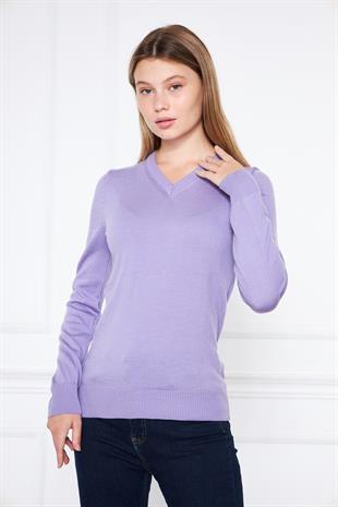 V Yaka Basic Kadın Lila Triko Kazak