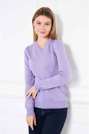 V Yaka Basic Kadın Lila Triko Kazak