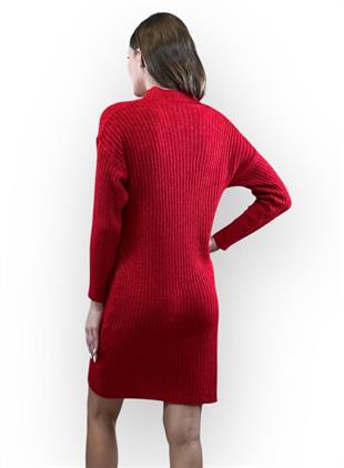 V Yaka Fitilli Basic Kadin Kırmızı Triko Elbise
