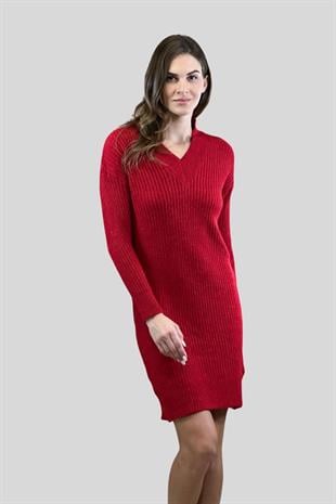 V Yaka Fitilli Basic Kadin Triko Elbise