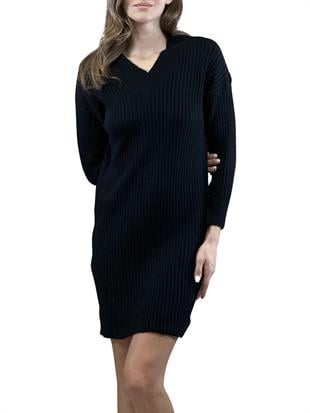 V Yaka Fitilli Basic Kadin Triko Elbise