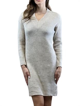 V Yaka Fitilli Basic Kadin Triko Elbise