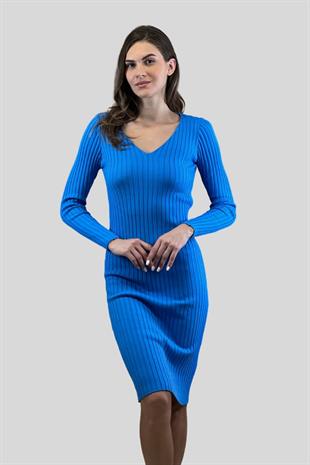 V Yaka Fitilli Kadın Basic Triko Elbise