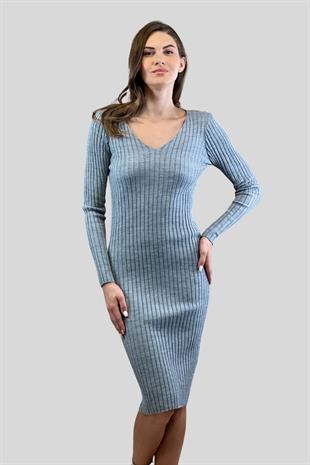 V Yaka Fitilli Kadın Basic Triko Elbise