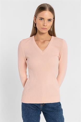 Kadın V Yaka Slim Fit Fitilli Uzun Kışlık Ekru Triko Kazak