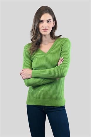 Kadın V Yaka Slim Fit Fitilli Uzun Kışlık Ekru Triko Kazak