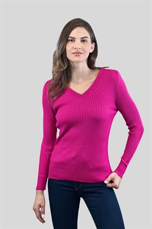 Kadın V Yaka Slim Fit Fitilli Uzun Kışlık Ekru Triko Kazak