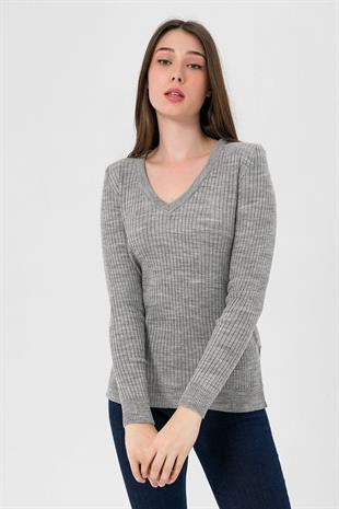 Kadın V Yaka Slim Fit Fitilli Uzun Kışlık Ekru Triko Kazak