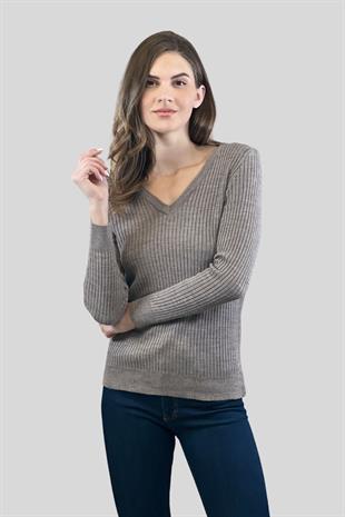 Kadın V Yaka Slim Fit Fitilli Uzun Kışlık Ekru Triko Kazak