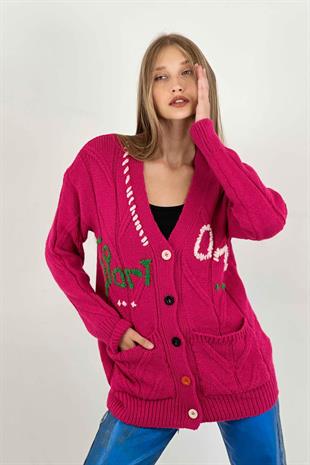 V Yaka Nakış Detaylı Düğmeli Kadın Triko Hırka Fuşya