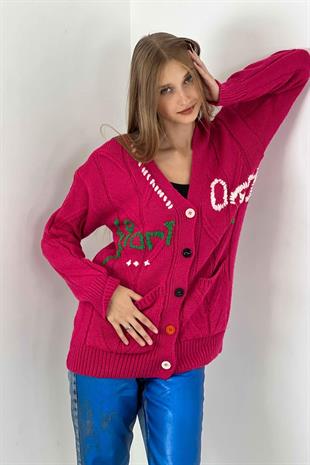 V Yaka Nakış Detaylı Düğmeli Kadın Triko Hırka Fuşya