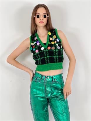 V Yaka Pul İşlemeli Kadın Kısa Triko Crop Süveter - Yeşil