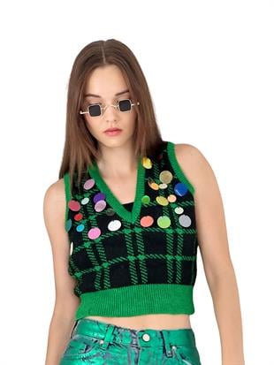 V Yaka Pul İşlemeli Kadın Kısa Triko Crop Süveter - Yeşil