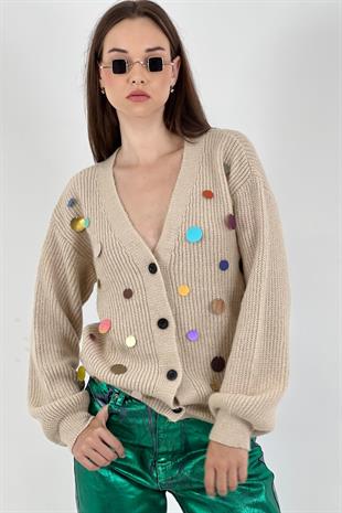 V Yaka Pul İşlemeli Kadın Triko Hırka - Taş