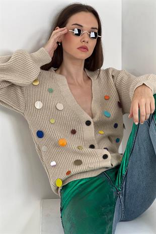 V Yaka Pul İşlemeli Kadın Triko Hırka - Taş