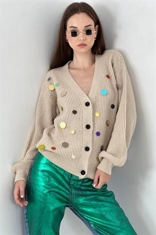 V Yaka Pul İşlemeli Kadın Triko Hırka - Taş