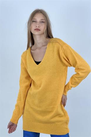 Kadın Kışlık V Yakalı Uzun Oversize Sarı Triko Kazak