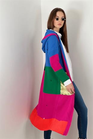 Varak Baskılı Kadın Triko Hırka - Fuşya 