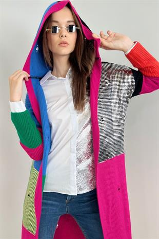 Varak Baskılı Kadın Triko Hırka - Fuşya 