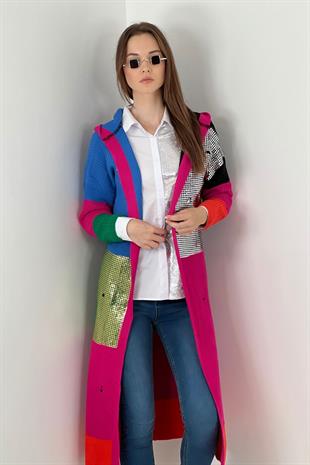 Varak Baskılı Kadın Triko Hırka - Fuşya 