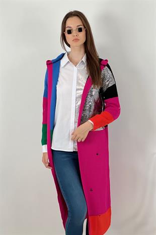 Varak Baskılı Kadın Triko Hırka - Fuşya 