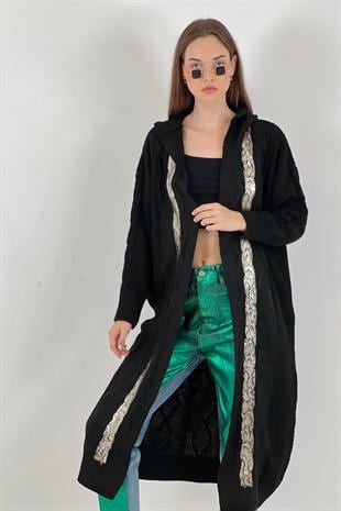 Varak Detaylı Kadın Triko Hırka - Siyah