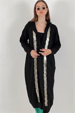 Varak Detaylı Kadın Triko Hırka - Siyah