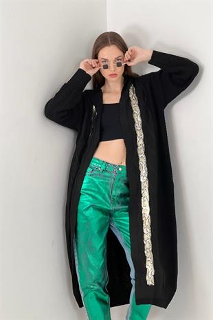 Varak Detaylı Kadın Triko Hırka - Siyah