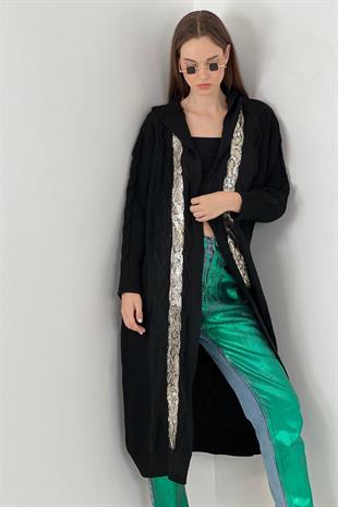 Varak Detaylı Kadın Triko Hırka - Siyah