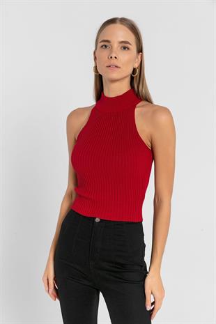 Kadın Boğazlı Balıkçı Yaka Kolsuz Kısa Açık Mavi Triko Crop