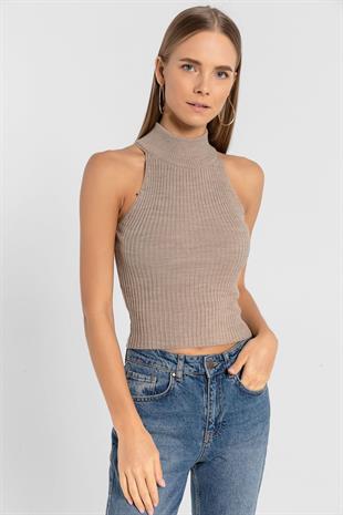 Kadın Boğazlı Balıkçı Yaka Kolsuz Kısa Açık Mavi Triko Crop