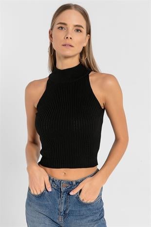 Kadın Boğazlı Balıkçı Yaka Kolsuz Kısa Açık Mavi Triko Crop