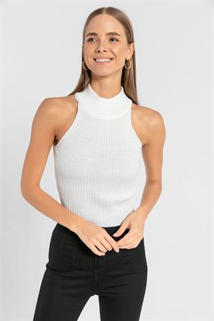 Kadın Boğazlı Balıkçı Yaka Kolsuz Kısa Açık Mavi Triko Crop