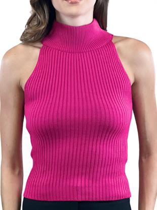 Kadın Boğazlı Balıkçı Yaka Kolsuz Kısa Açık Mavi Triko Crop