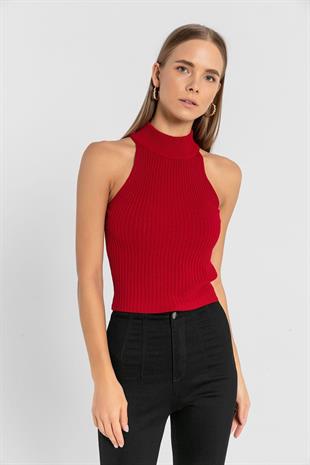 Kadın Boğazlı Balıkçı Yaka Kolsuz Kısa Açık Mavi Triko Crop