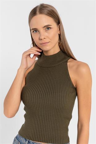 Kadın Boğazlı Balıkçı Yaka Kolsuz Kısa Açık Mavi Triko Crop