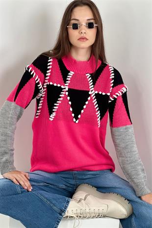 Kadın Balıkçı Yaka El İşlemeli Oversize Pembe Triko Kazak