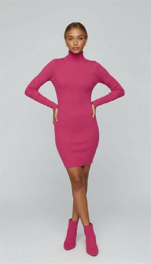 Yarım Balıkçı Yaka Fitilli Basic Kadın Fuşya Triko Elbise