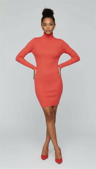 Yarım Balıkçı Yaka Fitilli Basic Kadın Oranj Triko Elbise