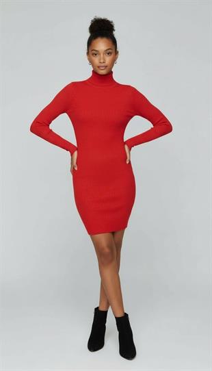 Yarım Balıkçı Yaka Fitilli Basic Kadın Kırmızı Triko Elbise