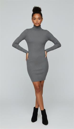 Yarım Balıkçı Yaka Fitilli Basic Kadın Antrasit Triko Elbise