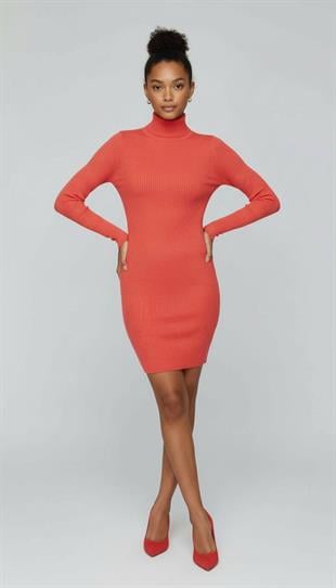 Yarım Balıkçı Yaka Fitilli Basic Kadın Oranj Triko Elbise